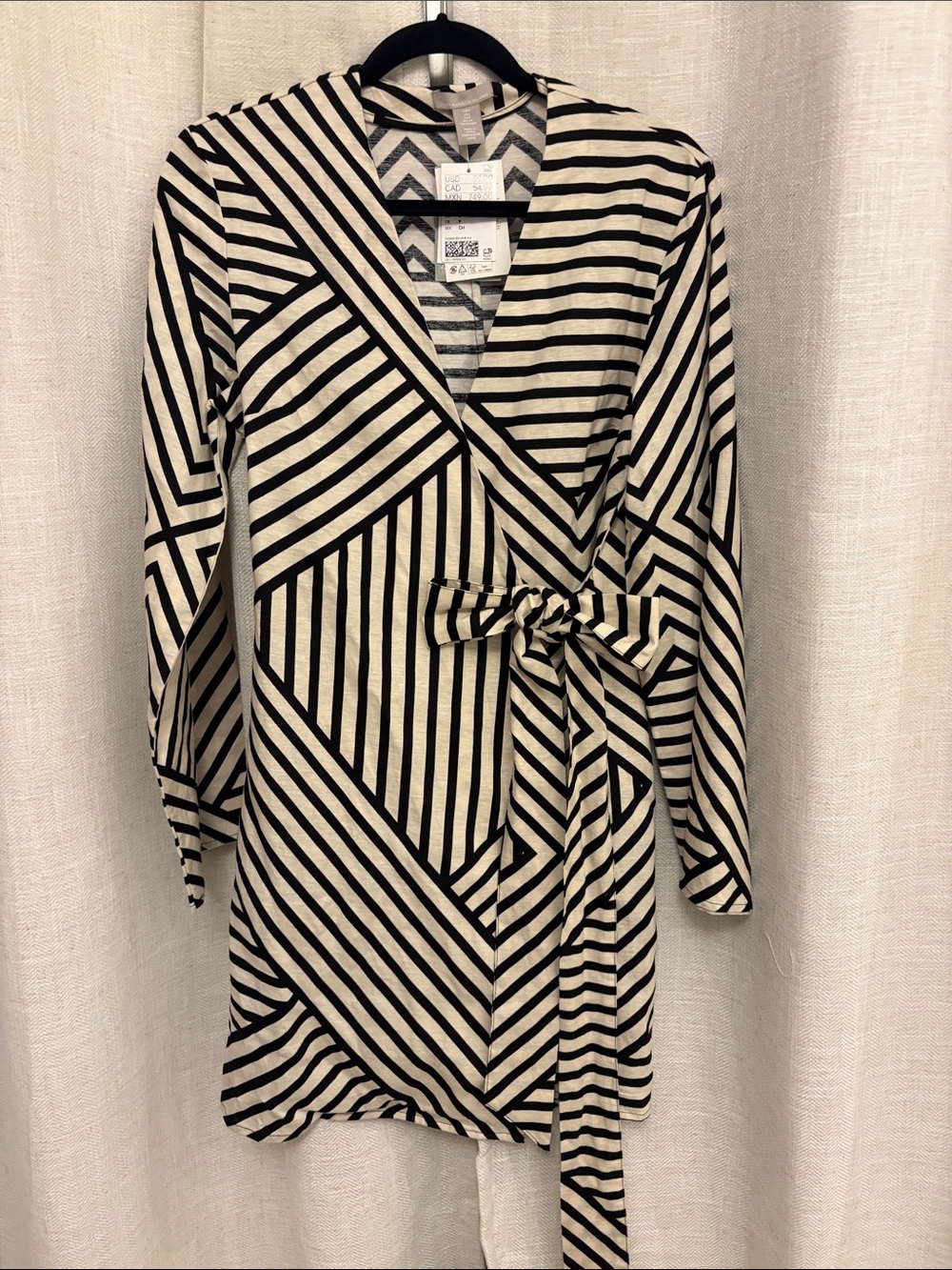 H&M Black & Cream Striped Wrap Dress with Waist Tie